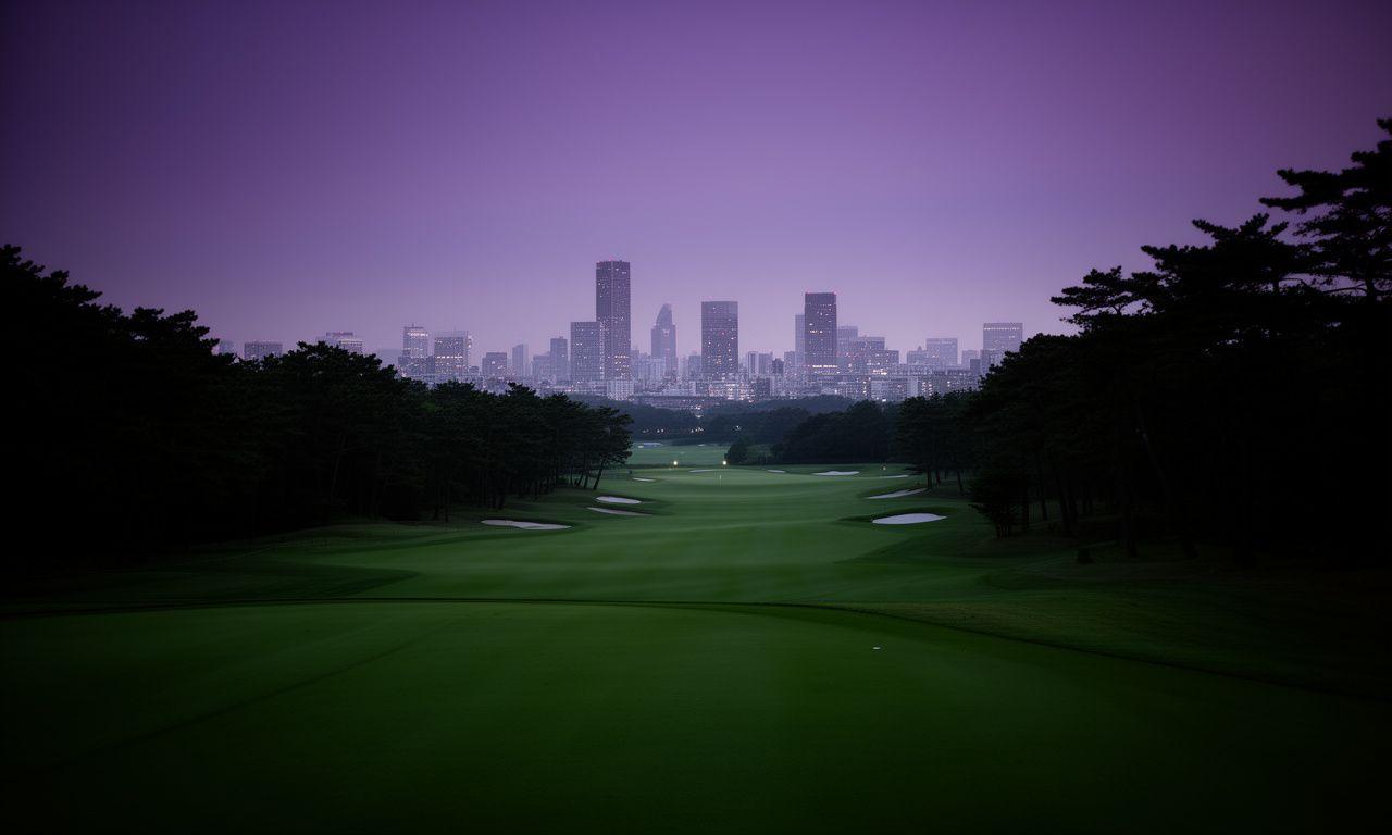 新宿の夜明け前のゴルフコース全景、東京の街並みを背景に静かなグリーンが広がる